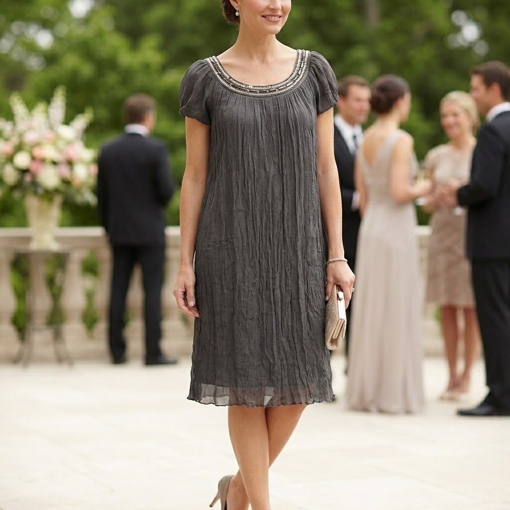 Linea Domani Silk Beaded Shift Dress Womens 8 Gray Luxury Natural Event Formal